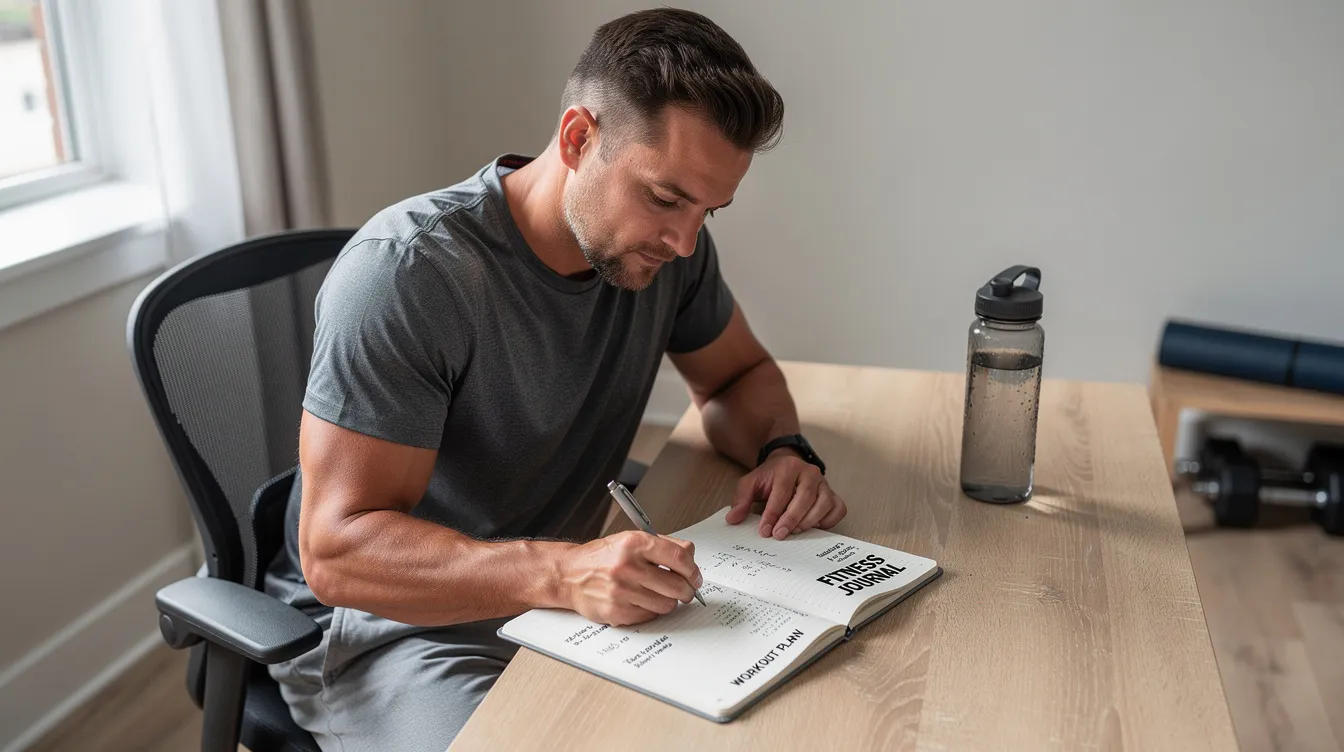 A man is sitting at a desk, writing in a fitness journal, with a water bottle beside him, focusing on his journey to boost testosterone levels and enhance muscle mass. This scene reflects the importance of tracking personal health and fitness goals while considering testosterone support supplements for overall hormonal health.