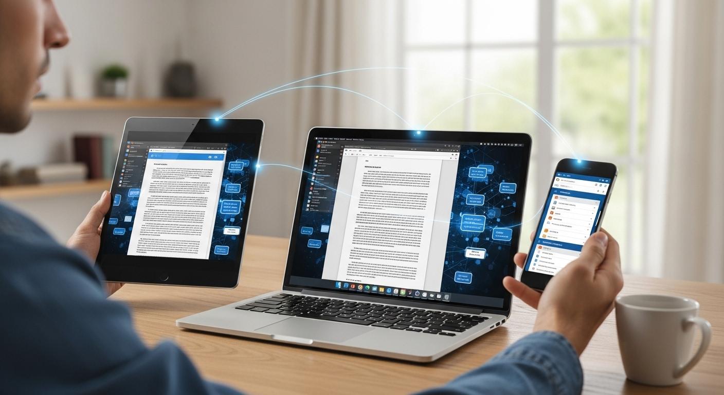 User accessing the same cloud desktop from multiple devices, with applications and files synchronized across locations.