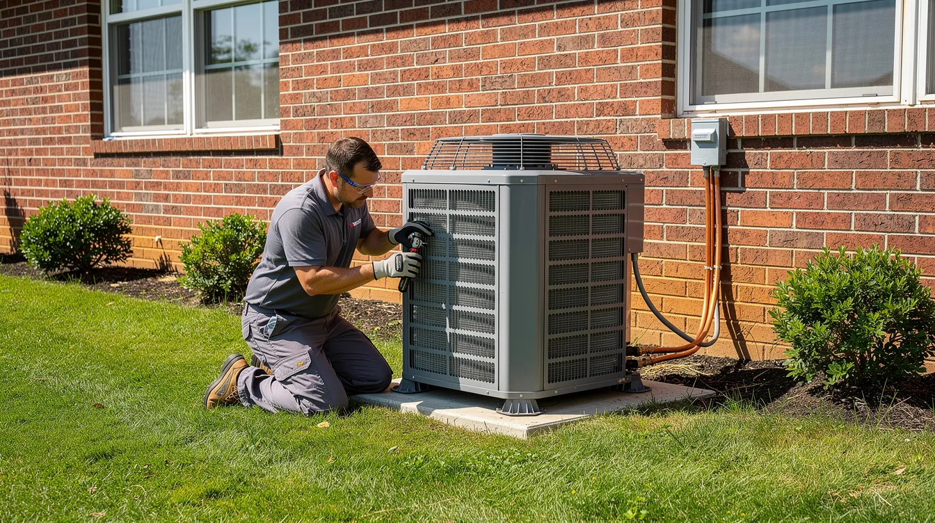 An HVAC technician is installing a 3-ton air conditioning unit beside a brick home, ensuring proper connections to the existing ductwork for optimal cooling power and energy efficiency. The technician is focused on meeting installation requirements to enhance the home's comfort and reduce energy bills.