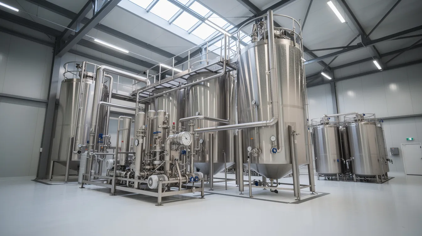 The image depicts industrial stainless steel dairy processing equipment within a modern factory hall, showcasing a clean and organized setup essential for whey protein production. This environment is designed to facilitate the manufacturing process of various whey protein products, including whey protein concentrate and whey protein isolate, while ensuring regulatory compliance and quality control.