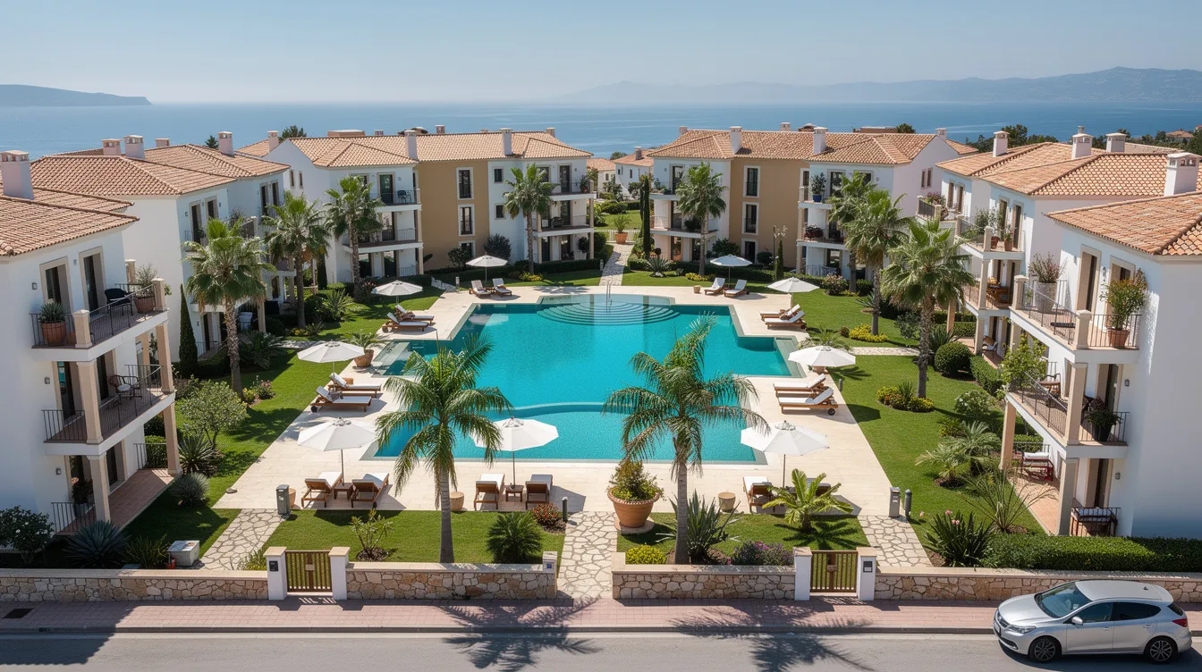 An aerial view of a modern residential complex showcases Mediterranean architecture, featuring a large swimming pool surrounded by lush greenery. This image captures the essence of affordable living costs and the appealing lifestyle that attracts UK nationals and British expats moving to Cyprus.
