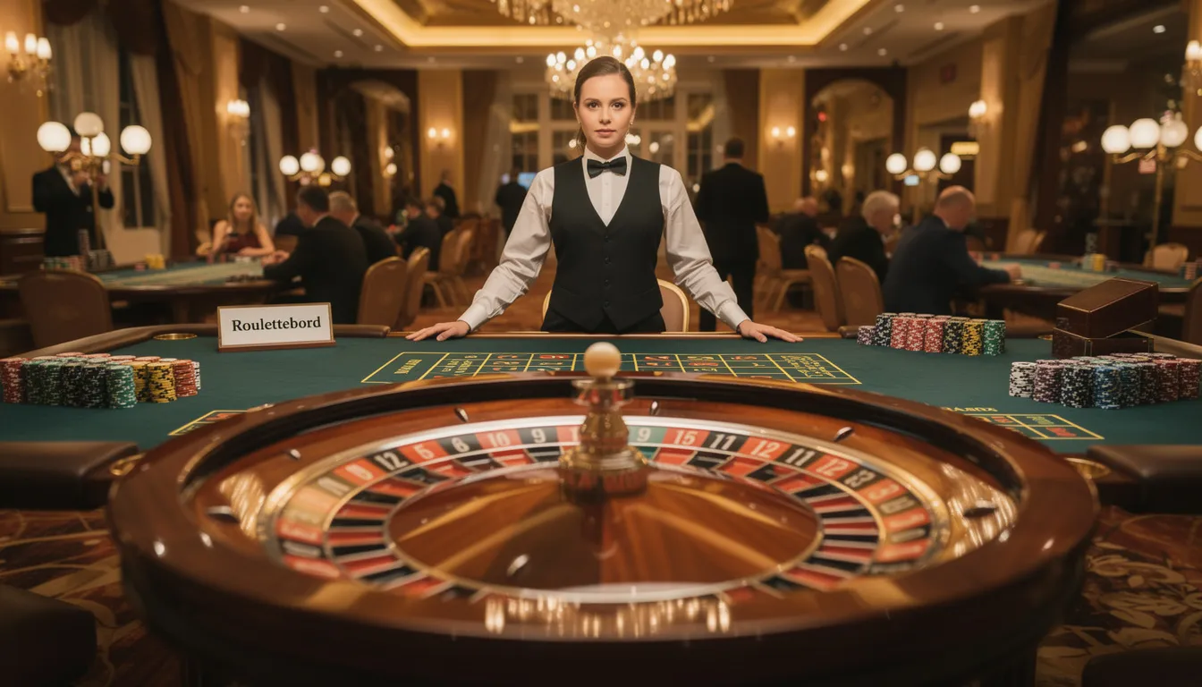 En elegant casinomiljö med ett roulettebord i fokus, där en dealer står redo att snurra hjulet. Runt bordet finns spelare som engagerar sig i spelet, omgivna av lyxiga detaljer och belysning som skapar en atmosfär av spänning och underhållning, typisk för mr vegas casino.