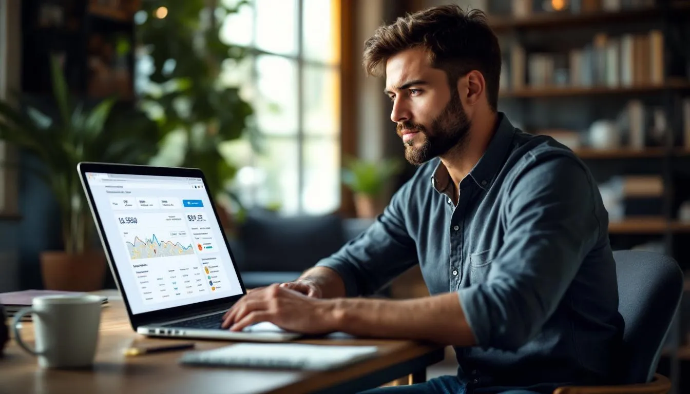 A small business owner sits at a desk, focused on their laptop as they review strategies for integrating local SEO to enhance their Google business profile. They aim to attract more customers by optimizing their business details and increasing visibility in local search results.