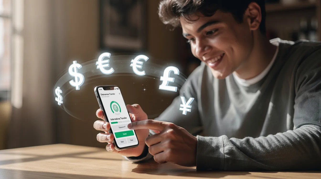 A person is using a smartphone to send an international money transfer, with various currency symbols floating around them. This image captures the ease of sending funds across countries, highlighting the importance of using the correct swift code and other details for a successful transaction through a small finance bank.