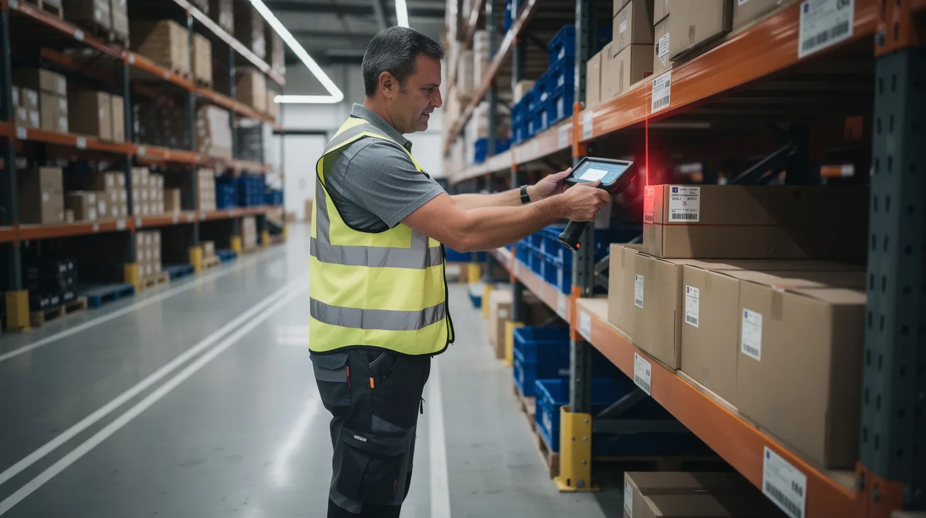 A warehouse employee is using a handheld scanner to efficiently pick customer orders from shelving, showcasing the fulfillment process essential for ecommerce businesses. This scene highlights the importance of inventory management and order fulfillment in a fulfillment center to meet customer expectations.