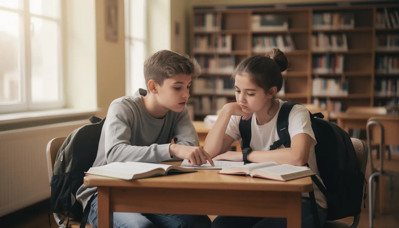 Ein Schüler hilft einem anderen Schüler bei den Hausaufgaben in Mathematik, indem er Tipps und Strategien zur Lösung von Aufgaben teilt. Diese Nachhilfestunde fördert das Lernen und die Unterstützung unter den Klassenkameraden.