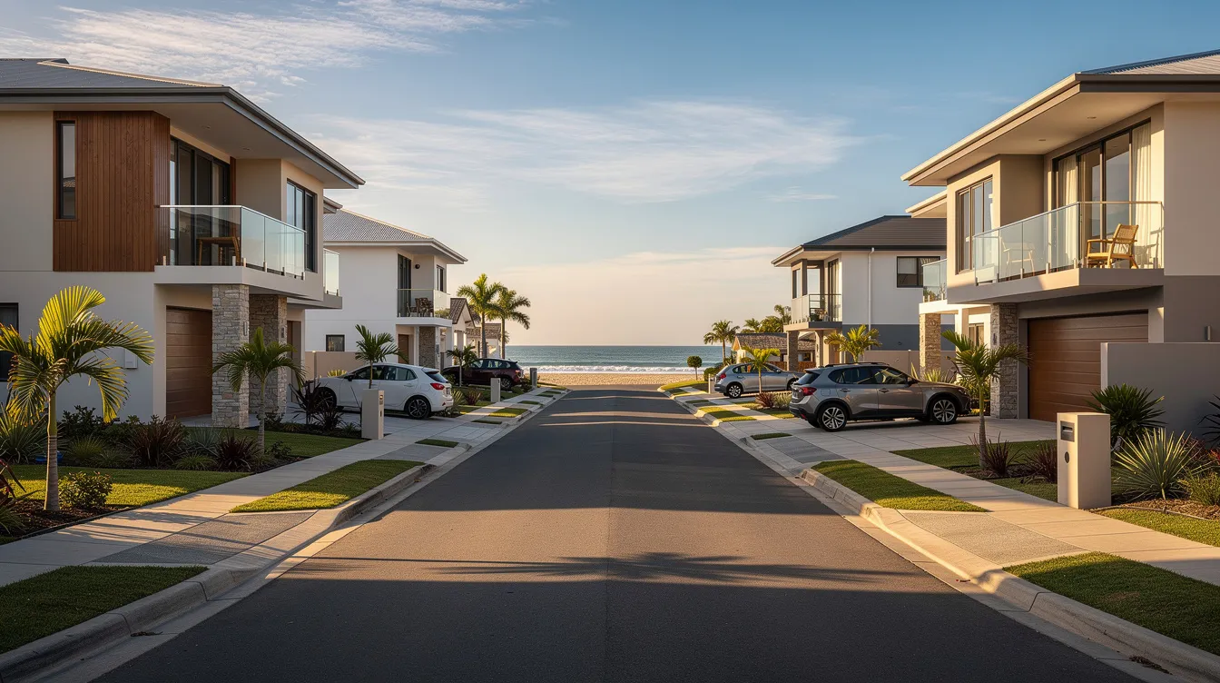 The image depicts a scenic coastal suburb residential street lined with double-storey homes, all situated near the beach, showcasing the charm of west beach living. This area is ideal for families seeking professional DSTV installation services, providing convenient access to entertainment options in a picturesque setting.
