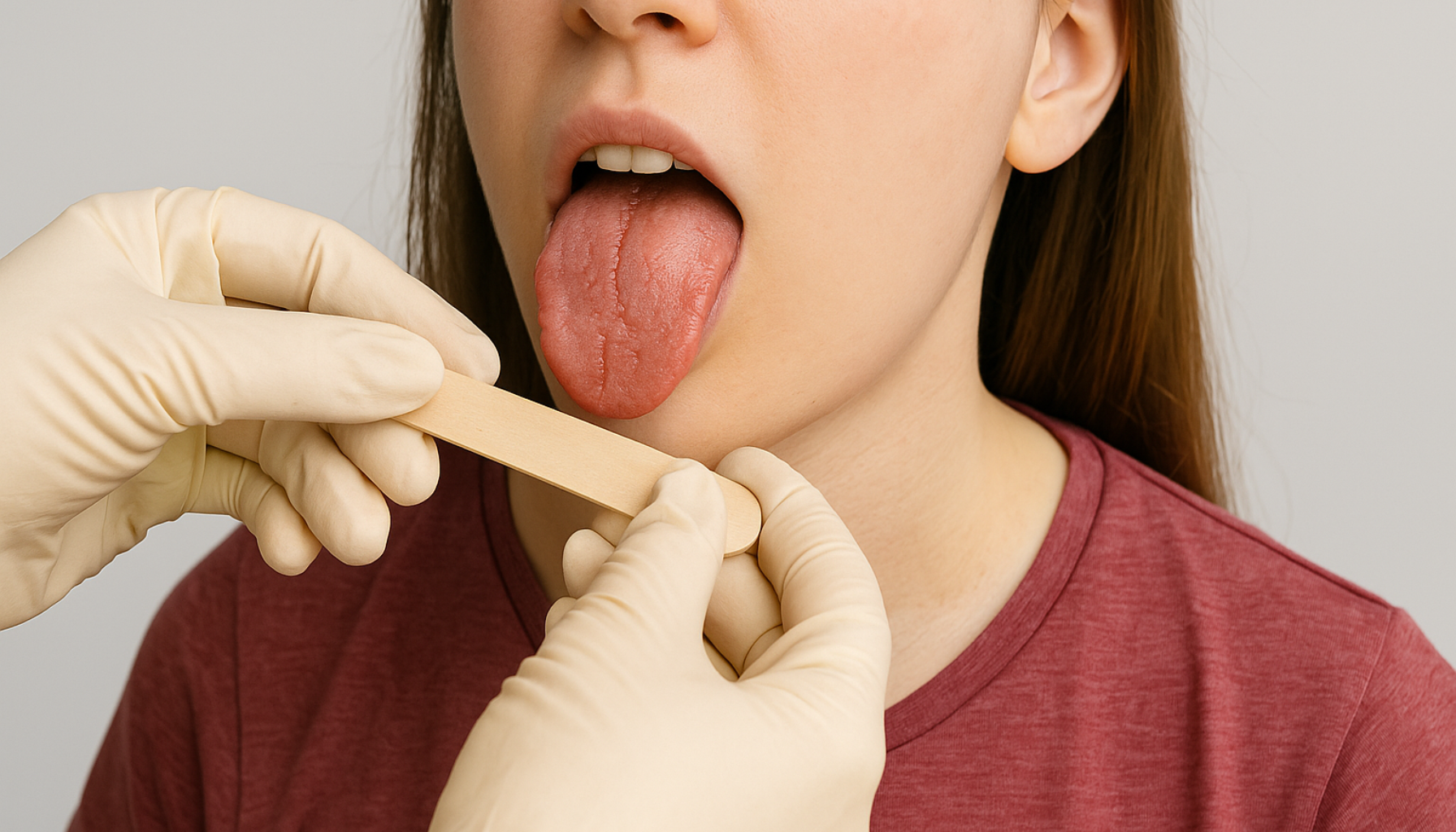 Nærbilde av rød, sår tunge undersøkt med tungespatel, viser tegn på jernmangel i kroppen.