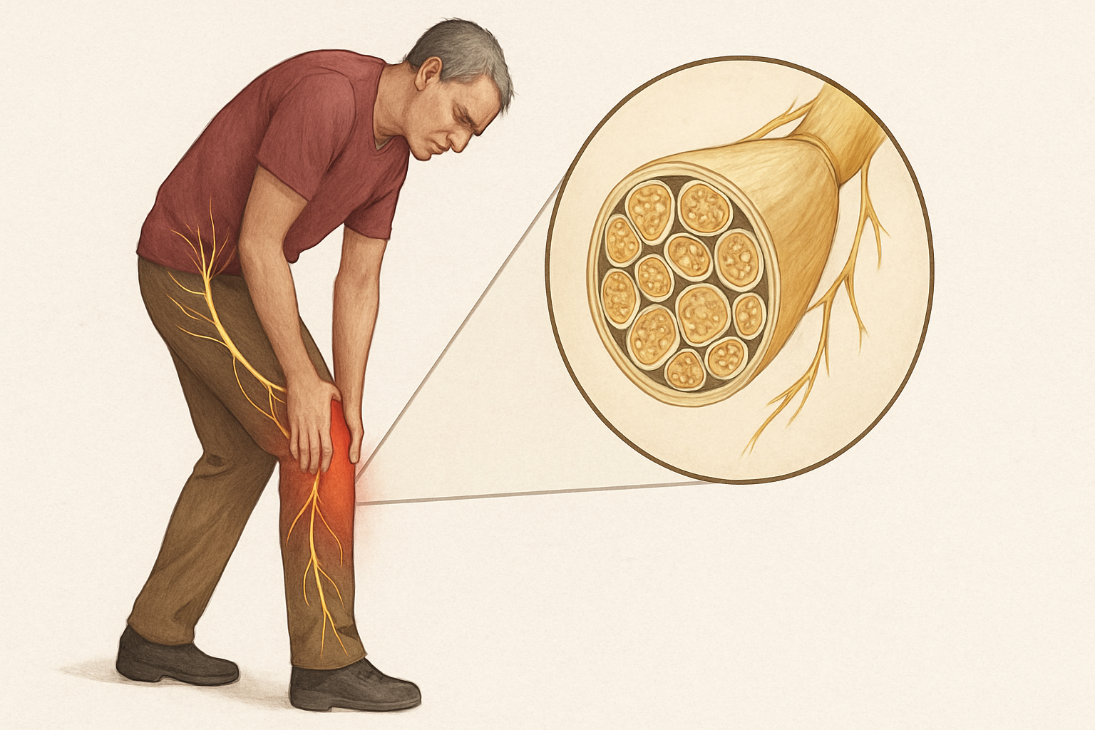 En middelaldrende mann med nervesmerter i leggen, med illustrasjon av perifere nerver i et detaljert snittbilde.