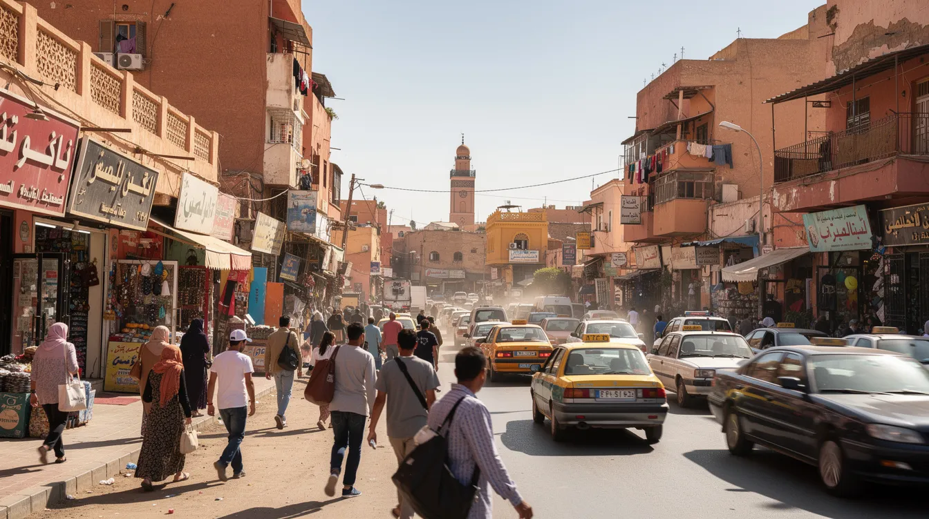 A busy street in a Moroccan town with pedestrians, cars and colourful shops.