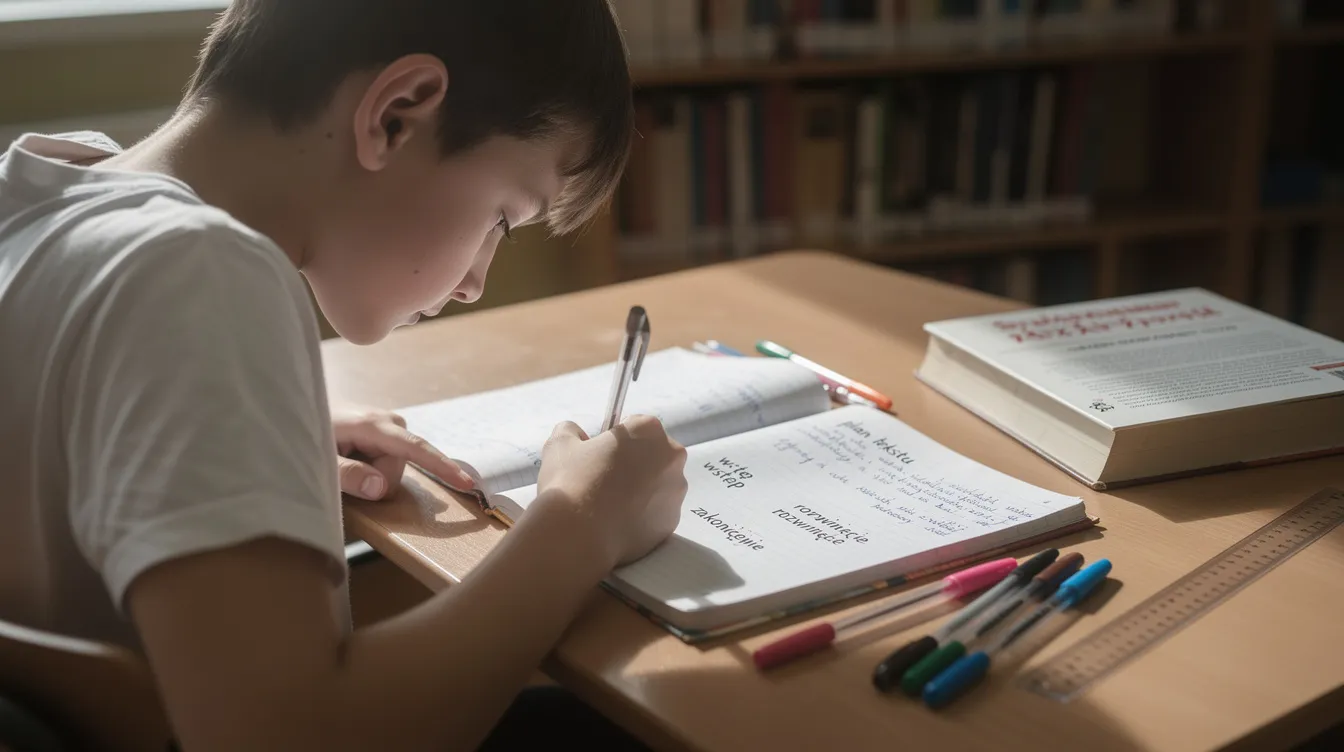 Na obrazie widoczny jest uczeń siedzący przy biurku, który intensywnie planuje tekst w zeszycie z notatkami. Na jego twarzy widać skupienie, a wokół leżą różne przybory do pisania, co sugeruje, że pracuje nad stworzeniem opowiadania twórczego.