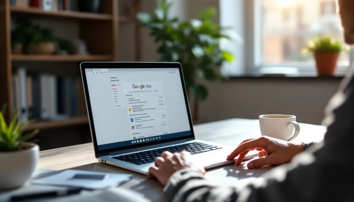 The image depicts a user setting up a Google Ads account, focusing on creating search campaigns to drive sales and reach potential customers. It showcases various elements like ad groups, keywords, and campaign settings that are essential for optimizing ad performance in Google search results.