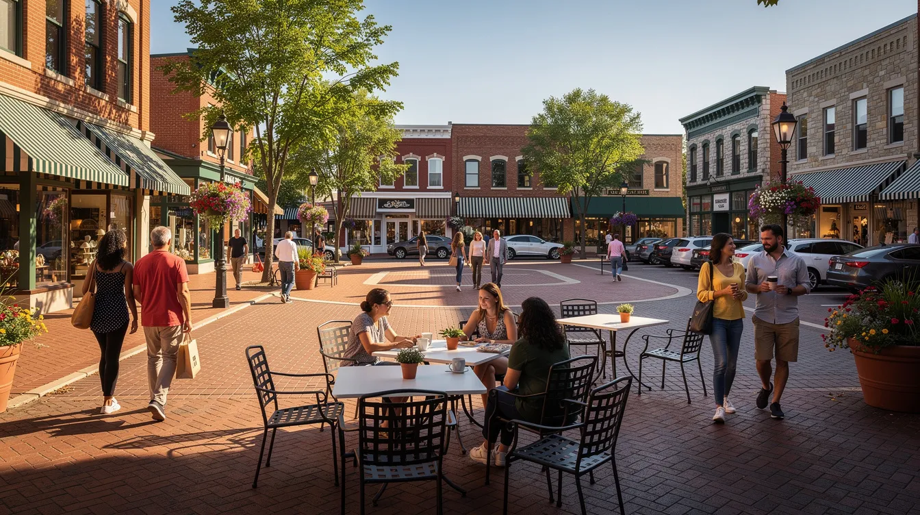 The image depicts a lively downtown square filled with outdoor restaurant seating and people strolling along brick sidewalks, creating a warm and inviting atmosphere perfect for enjoying a meal or socializing. This charming scene reflects the vibrant community life often sought after in retirement plans, emphasizing the importance of leisure and social activities in achieving retirement goals.