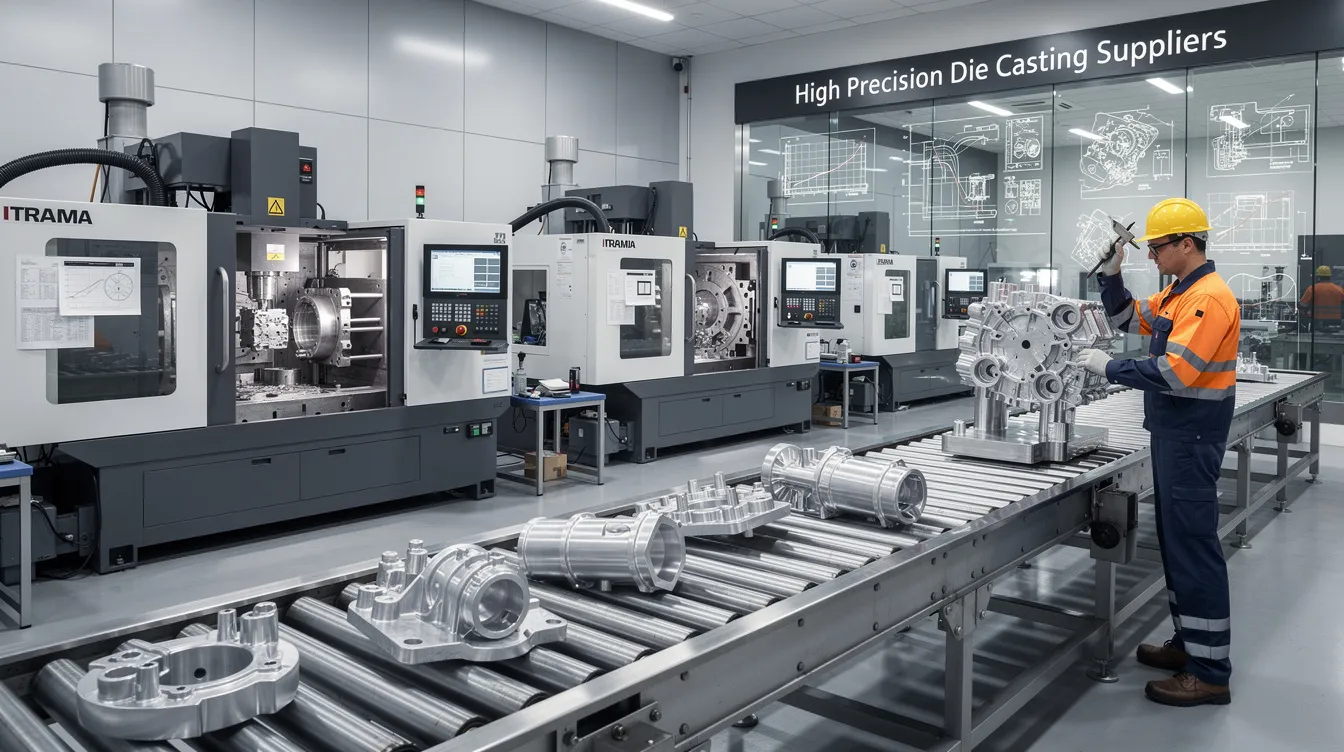 The image showcases a modern die casting facility, highlighting high precision die casting suppliers engaged in cold chamber and hot chamber die casting processes. Various die cast parts made from aluminum and zinc alloys are displayed, emphasizing the high quality and precision of products tailored for diverse industries such as automotive and consumer electronics.