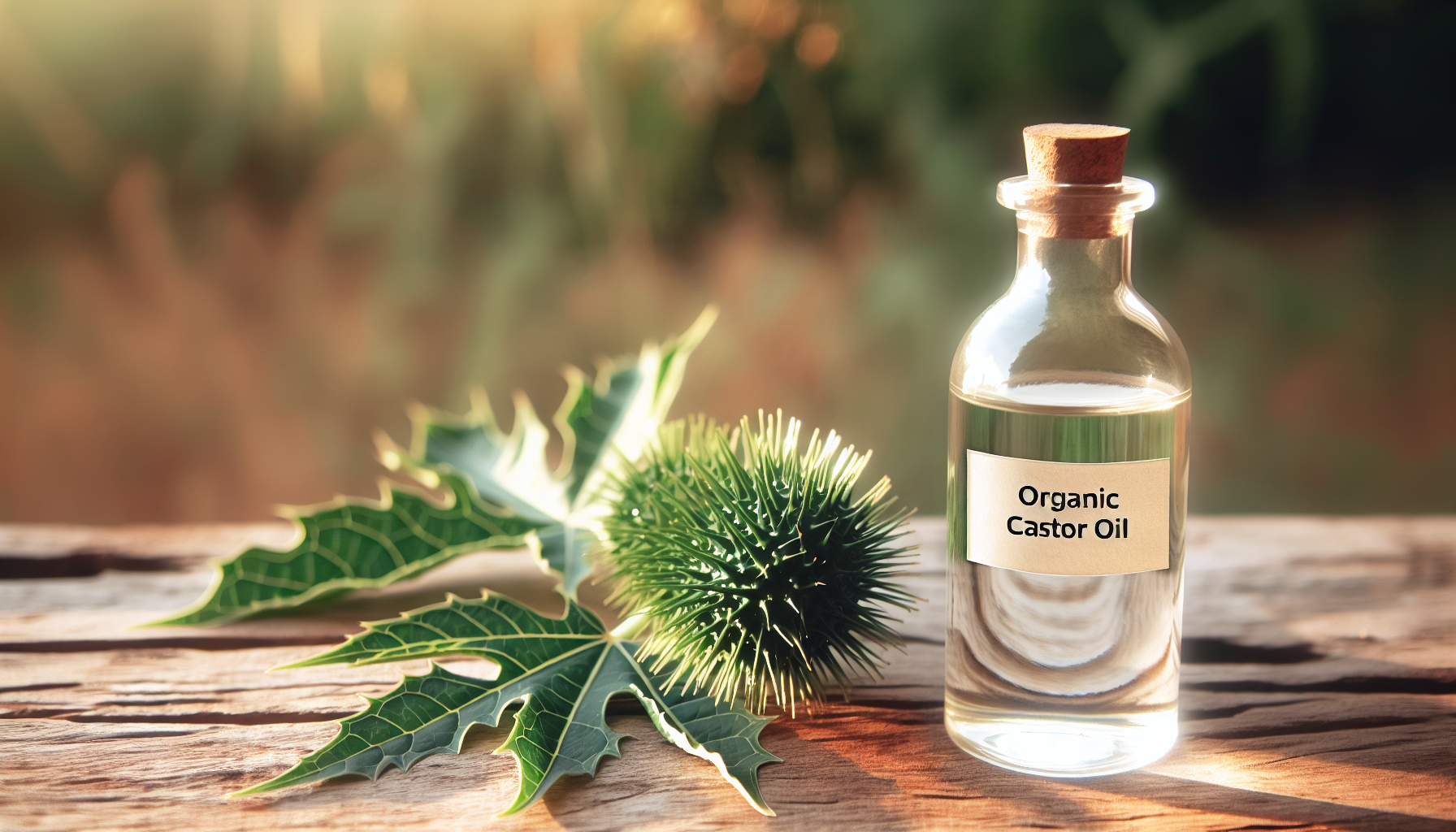 Bottle of organic castor oil with castor plant in the background