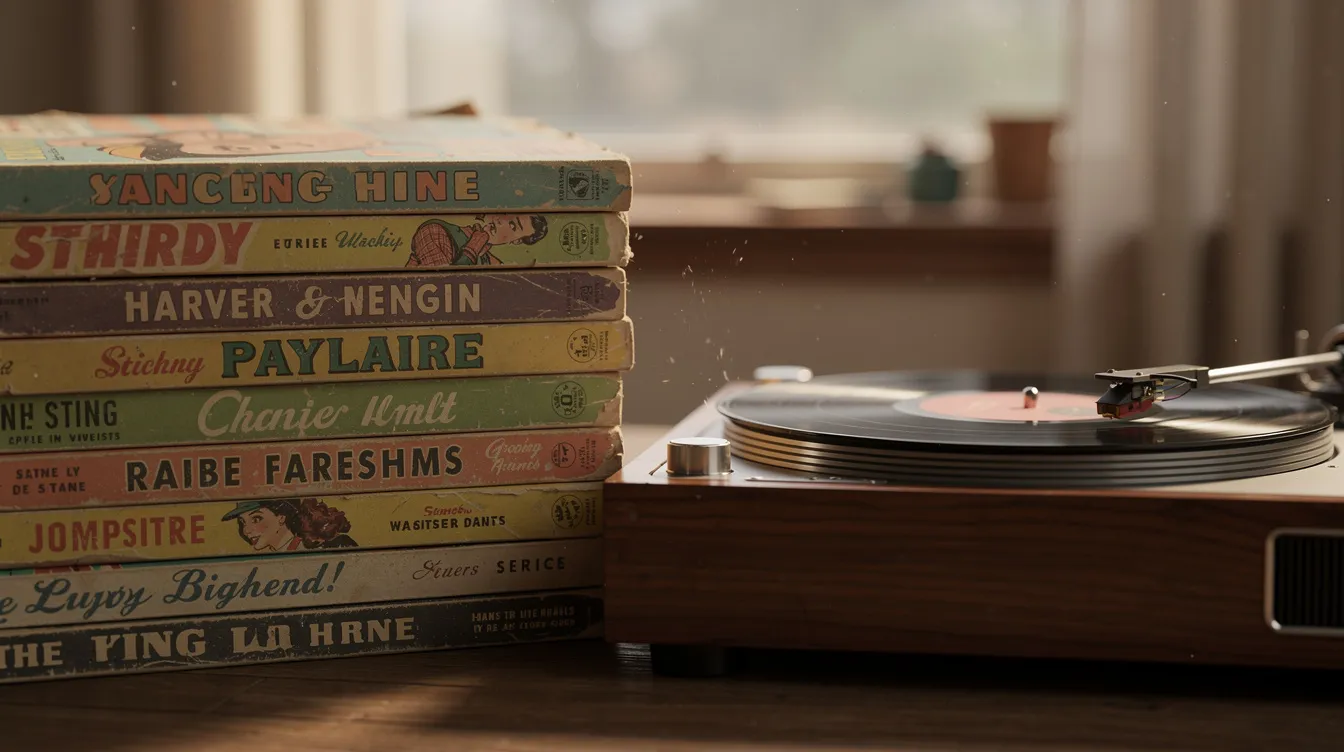 Das Bild zeigt einen Stapel alter Schallplatten aus den 1950er-Jahren mit bunten Covern, neben dem sich ein eleganter Plattenspieler aus Holz befindet. Diese Sammlung von Musikstücken repräsentiert die Vielfalt der damaligen Musikgenres und bietet einen nostalgischen Eindruck der Vinyl-Ära.
