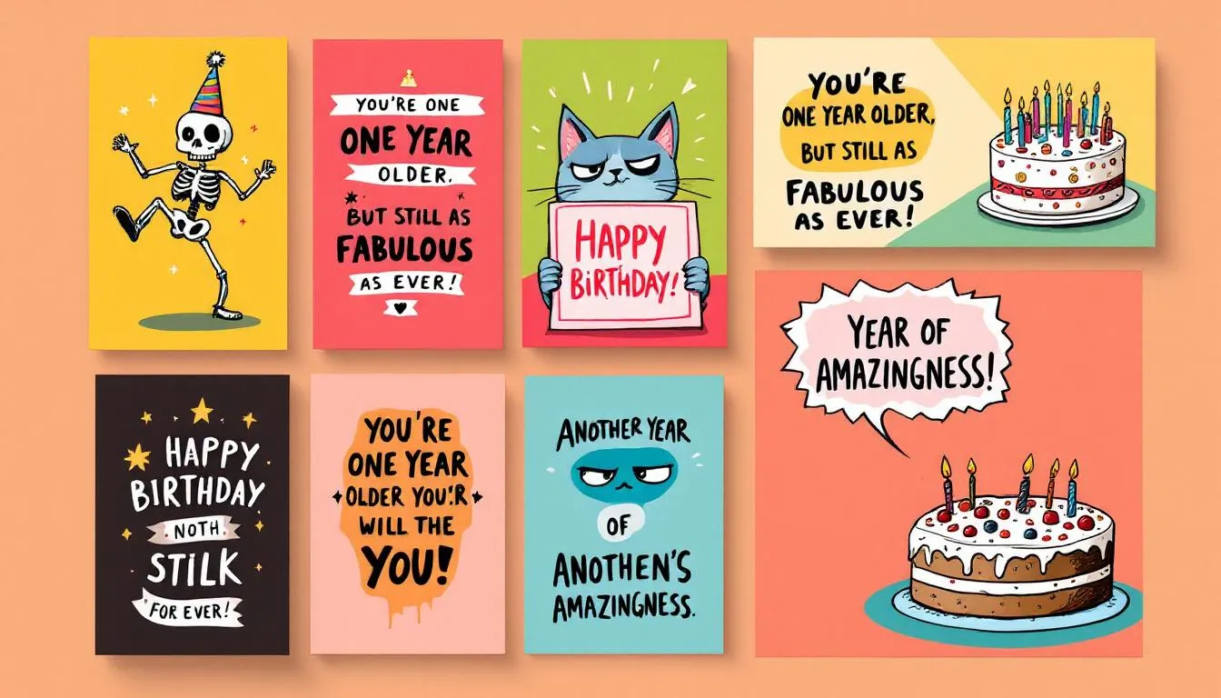 A collection of colorful and humorous birthday cards featuring playful illustrations and witty messages designed to bring laughter to friends and family on their special day. These funny birthday ecards are perfect for celebrating birthdays with a smile and a touch of humor.