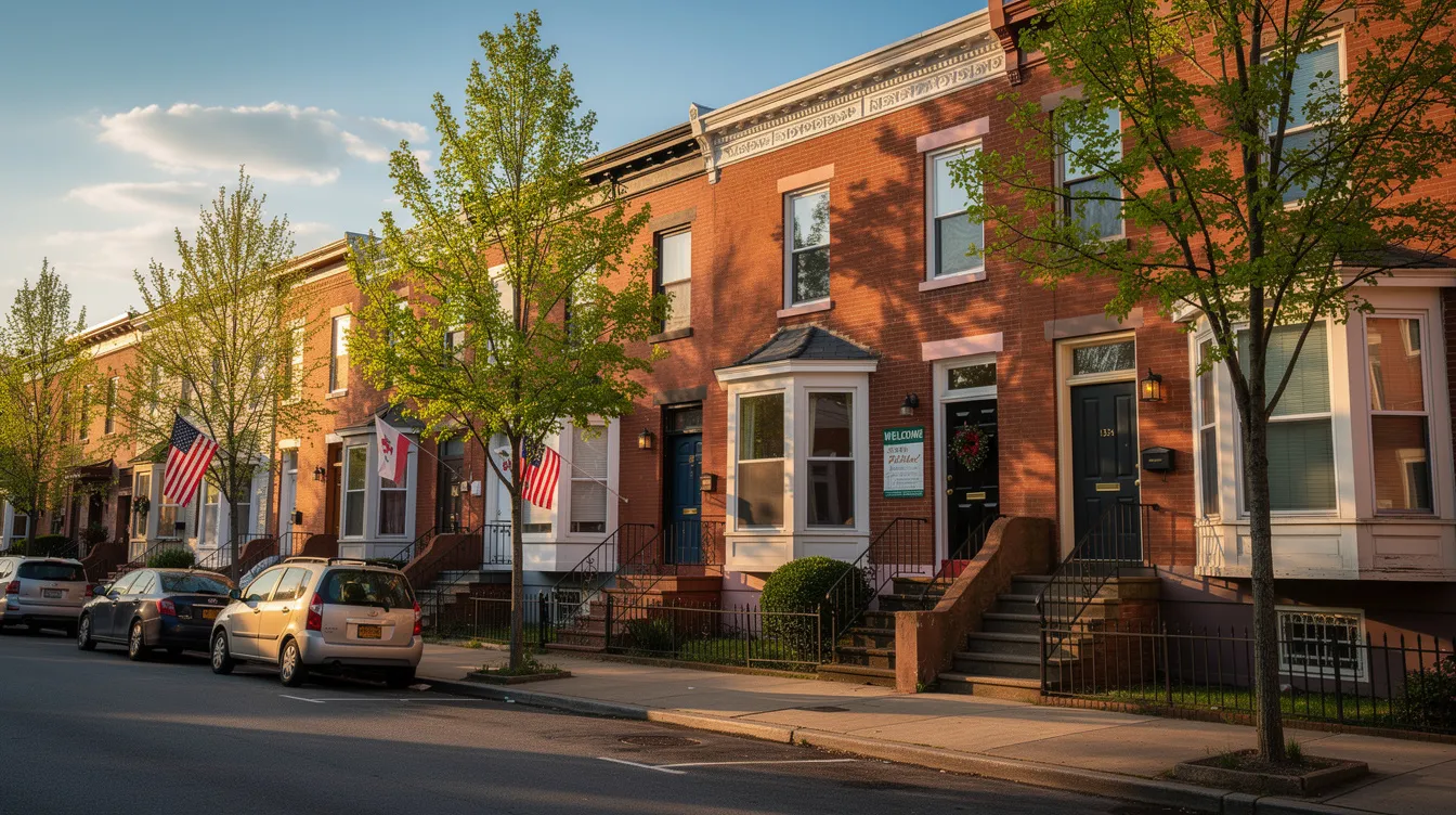 The image depicts a row of charming brick rowhomes in a 
Philadelphia neighborhood, basking in the warm sunlight of a clear afternoon. This scene reflects the residential charm of the area, where residents might rely on services like PECO for reliable electric service and natural gas.