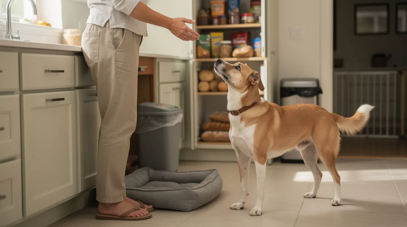 The image depicts a dog standing on its hind legs with its front paws resting on a kitchen counter, looking curiously at a plate of food, while a baby gate is visible in the background, symbolizing prevention strategies for counter surfing. The scene highlights the challenge dog owners face in teaching their pets to resist the temptation of stealing food from counters.