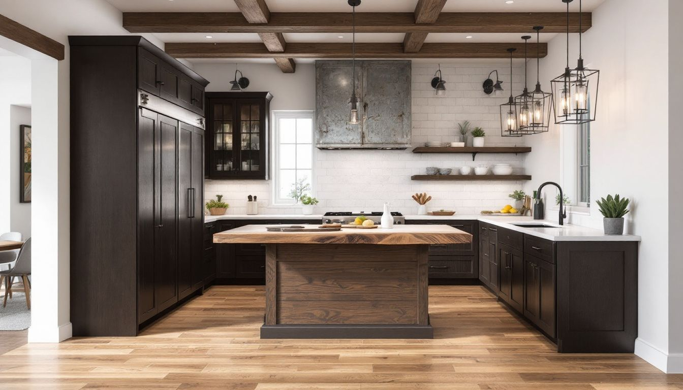 A modern farmhouse kitchen design featuring reclaimed wood and rustic decor.