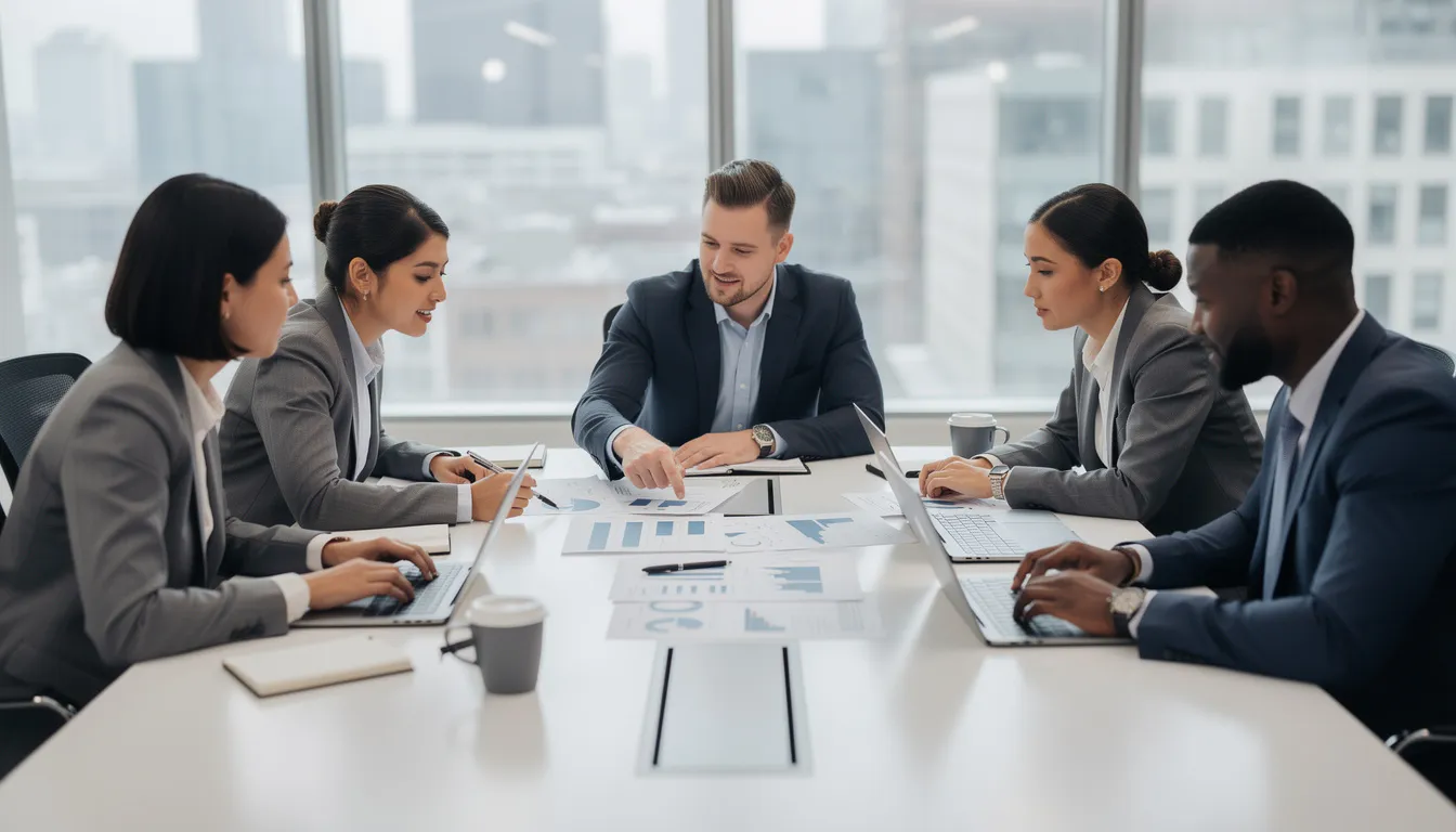 A group of business professionals is collaborating around a table, engaged in discussions while reviewing documents and laptops. This scene highlights the importance of teamwork and expertise in developing effective content strategies that can enhance search visibility and authority signals in today's AI-driven landscape.