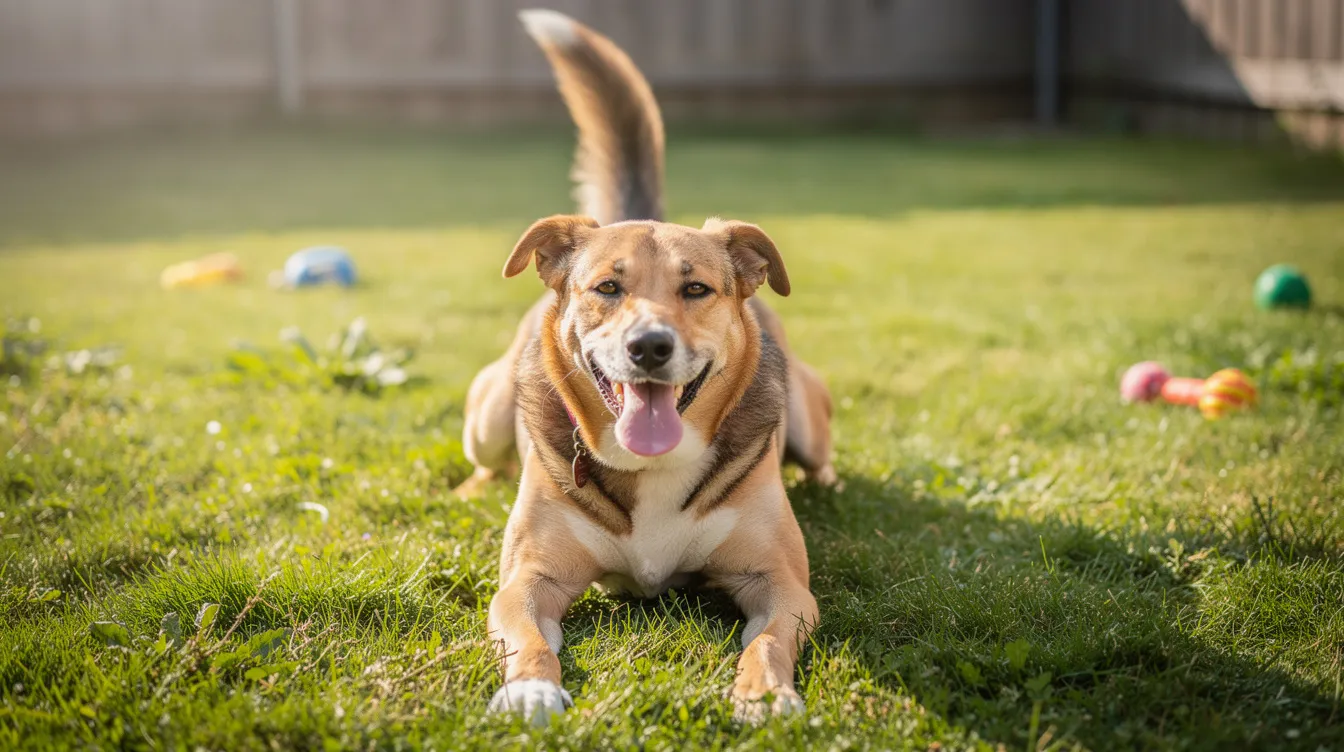 A joyful dog is seen in a play bow position with its tail wagging enthusiastically in a lush grassy yard, showcasing its excitement and affection. This body language is a sure sign your dog loves you, reflecting the bond between furry friends and their pet parents.