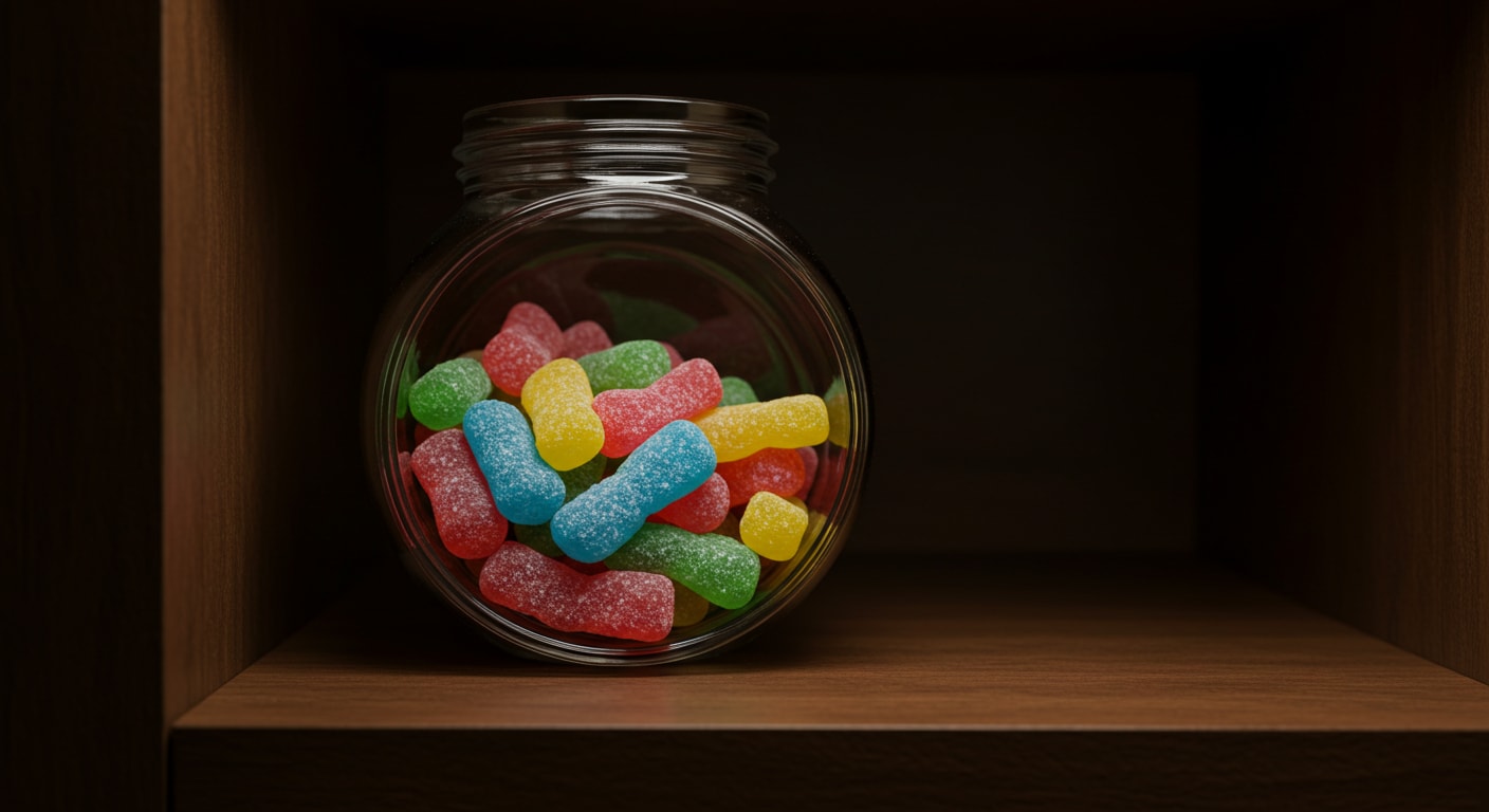 Vegan sour candy stored in a clear jar that's kept in a cool, dark cupboard