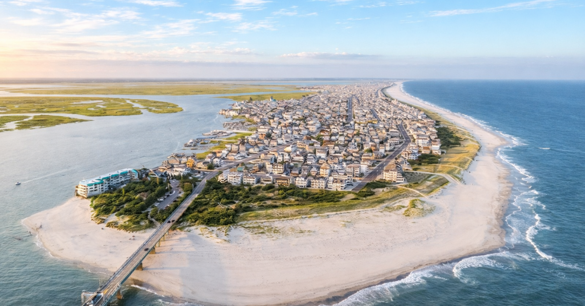 Drone view of Sea Isle City NJ showing the barrier island, ocean, bay, and five miles of sandy beaches popular for vacation rentals.