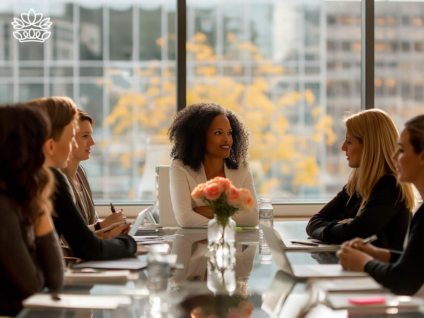 Professional team of women engaged in a discussion at a boardroom meeting, client's recruitment, with a delicate floral centrepiece provided by Fabulous Flowers and Gifts, enriching the Boardroom Flowers collection