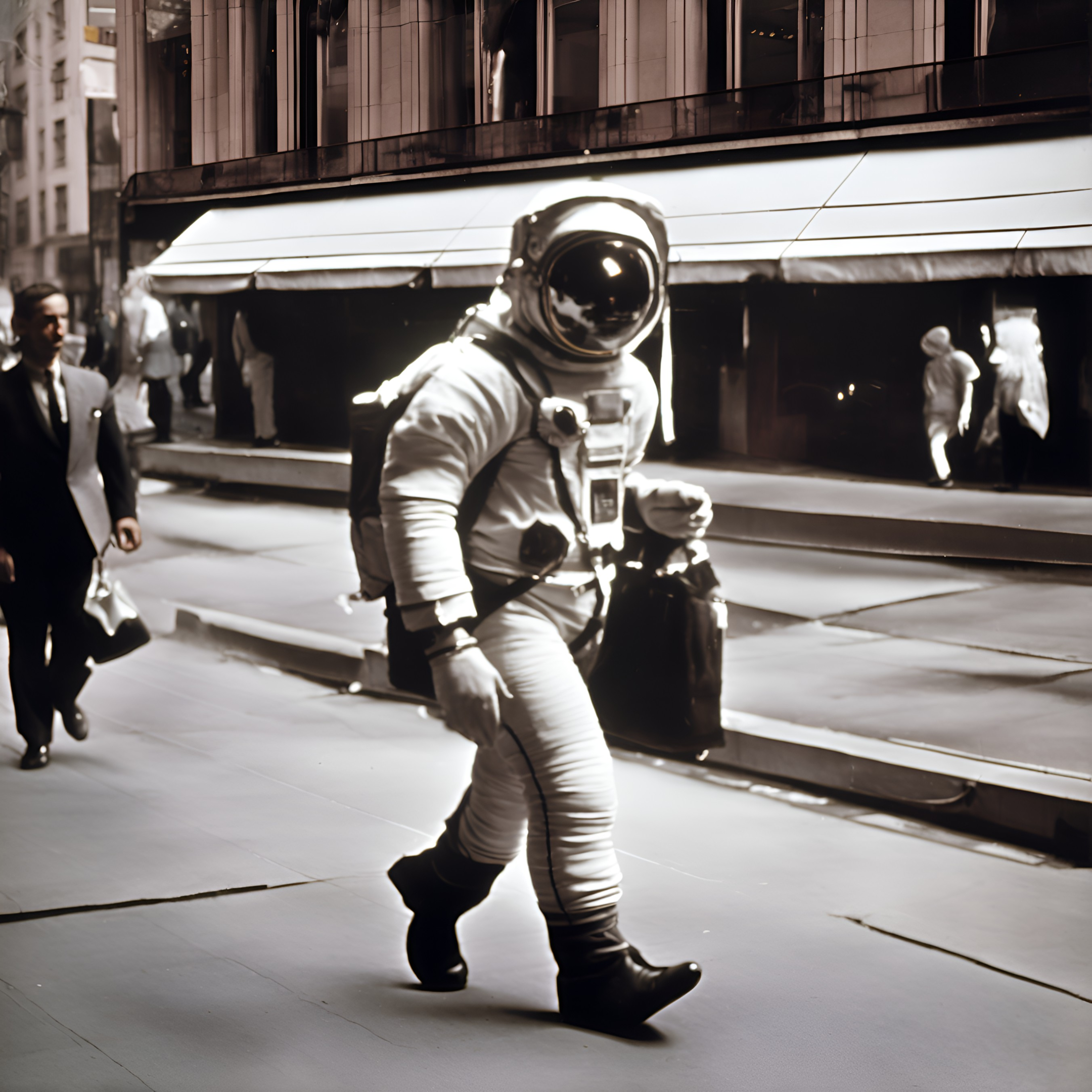 An astronaut in new york with a bag