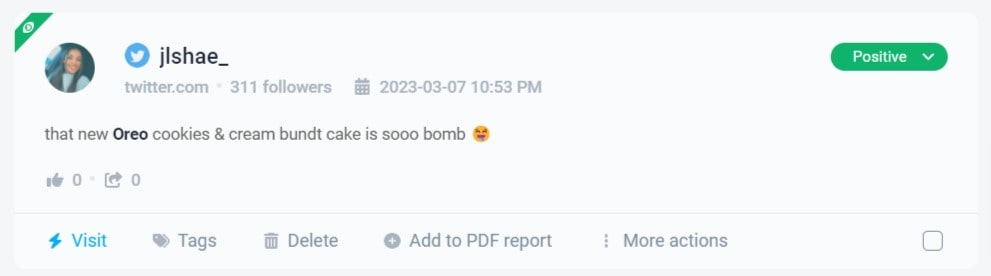 Mention expressing positive feelings about Oreo cookies, detected by the Brand24 tool