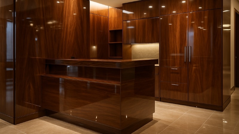 High-Gloss wood vinyl giving luxury touch to cupboards and counter