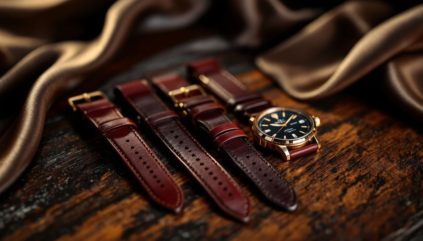 A collection of various burgundy leather watch straps from CNS Watch Bands.