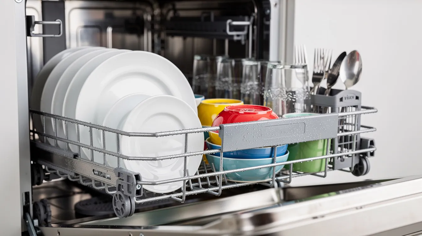 A close-up view of adjustable dishwasher racks showcases a variety of plates, bowls, glasses, and cutlery neatly organized for optimal cleaning. This image highlights the modern design and efficient use of space in energy-efficient dishwashers, making them ideal for busy households.