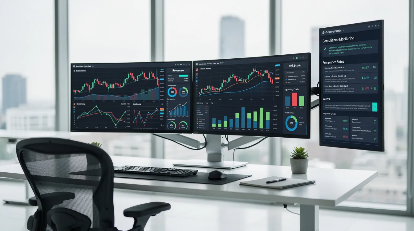 The image depicts a modern office workspace featuring multiple screens that display dynamic financial dashboards and compliance monitoring tools, essential for financial institutions. This setup highlights the integration of banking as a service (BaaS) and regulatory compliance, showcasing cutting-edge technology in the realm of embedded finance.