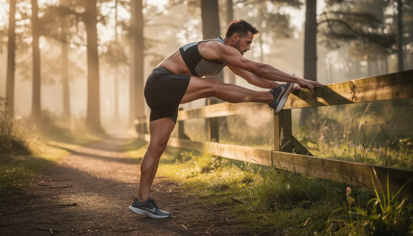 An active adult runner is performing a standing hip flexor stretch before a morning jog on a scenic trail, focusing on relaxing tight hip flexor muscles to prevent hip flexor strains. The runner's knees are slightly bent, and the stretch aims to alleviate any potential hip flexor pain and enhance range of motion for their physical activity.