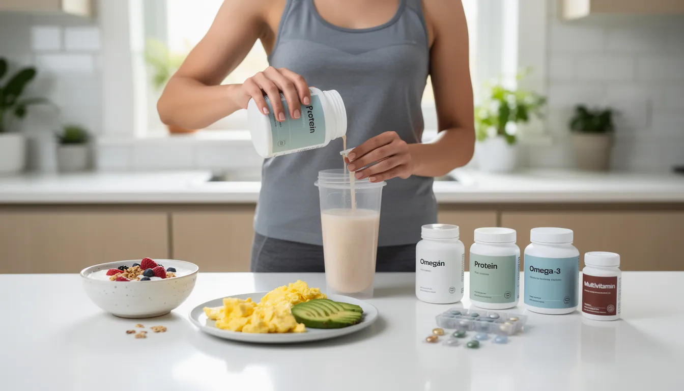 The image depicts a person preparing a healthy breakfast on a kitchen counter, featuring protein-rich foods and various creatine supplements. This setup emphasizes the importance of dietary supplements like creatine for muscle growth and recovery, particularly for those engaged in resistance training and high-intensity exercise.