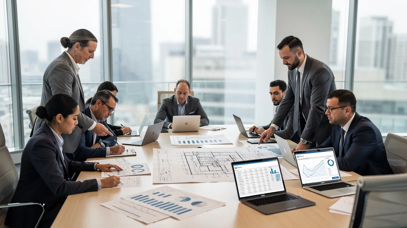 A group of professionals is seated in a modern meeting room, intently reviewing financial documents and detailed project blueprints related to a whey protein manufacturing plant. The atmosphere is focused, with charts and graphs displayed on the screen, highlighting essential aspects of whey protein production costs and market trends in the whey protein industry.