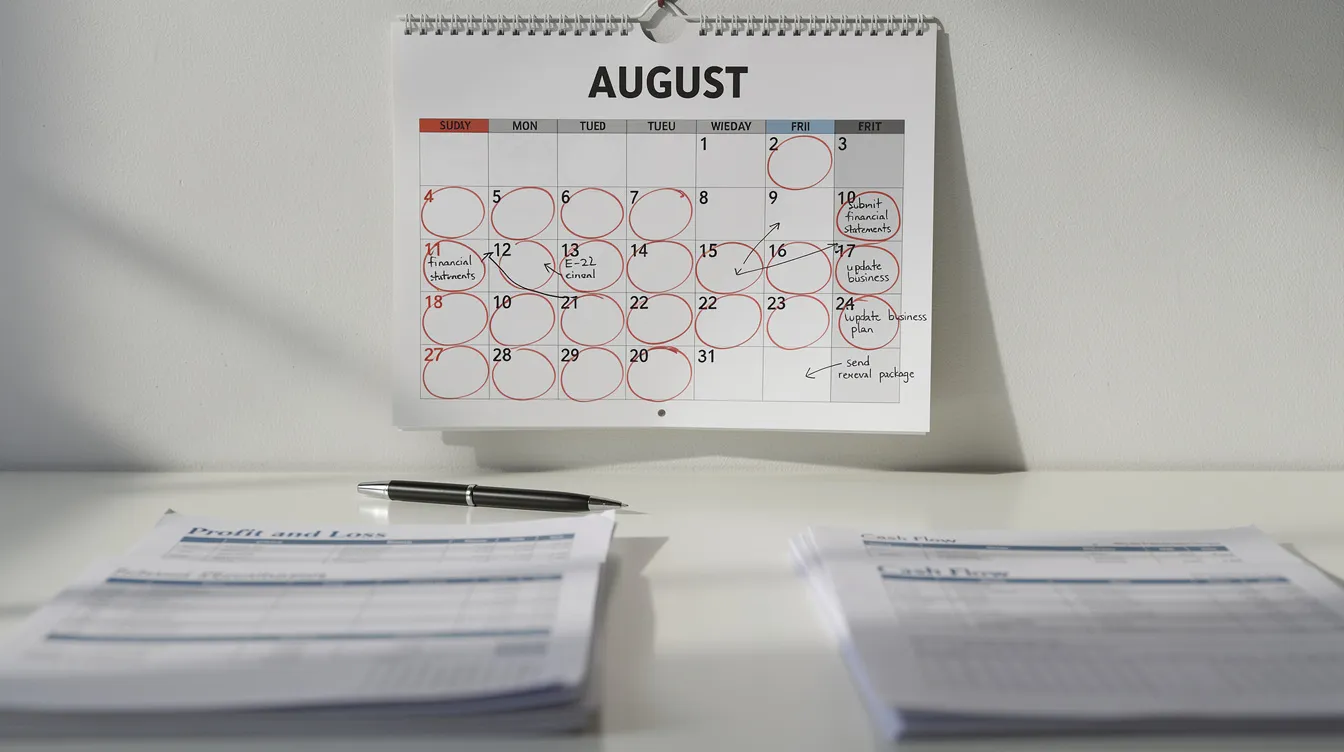 The image depicts a wall calendar with several important dates circled in red, highlighting key deadlines for the e2 visa renewal process. A pen rests beside it, symbolizing the need for preparation, including the submission of comprehensive financial documentation to ensure a successful renewal application.