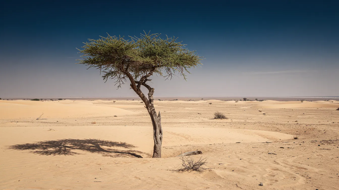 The image depicts a vast, barren desert wilderness featuring a solitary acacia tree beneath a clear blue sky, symbolizing themes of solitude and divine encounter, reminiscent of biblical narratives where believers seek God's presence in moments of isolation and reflection. This serene landscape evokes feelings of hope and the possibility of overcoming rejection through faith and trust in God's unfailing love.