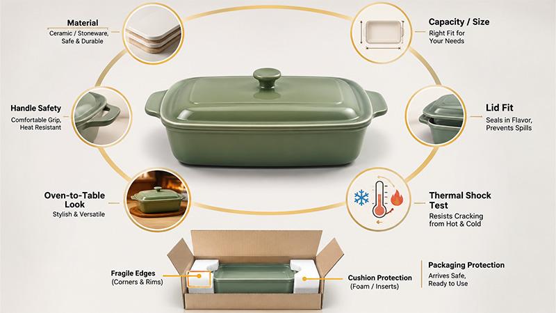A casserole dish decision board comparing materials, size, lid design, oven-to-table styling, test priorities, and packaging needs.