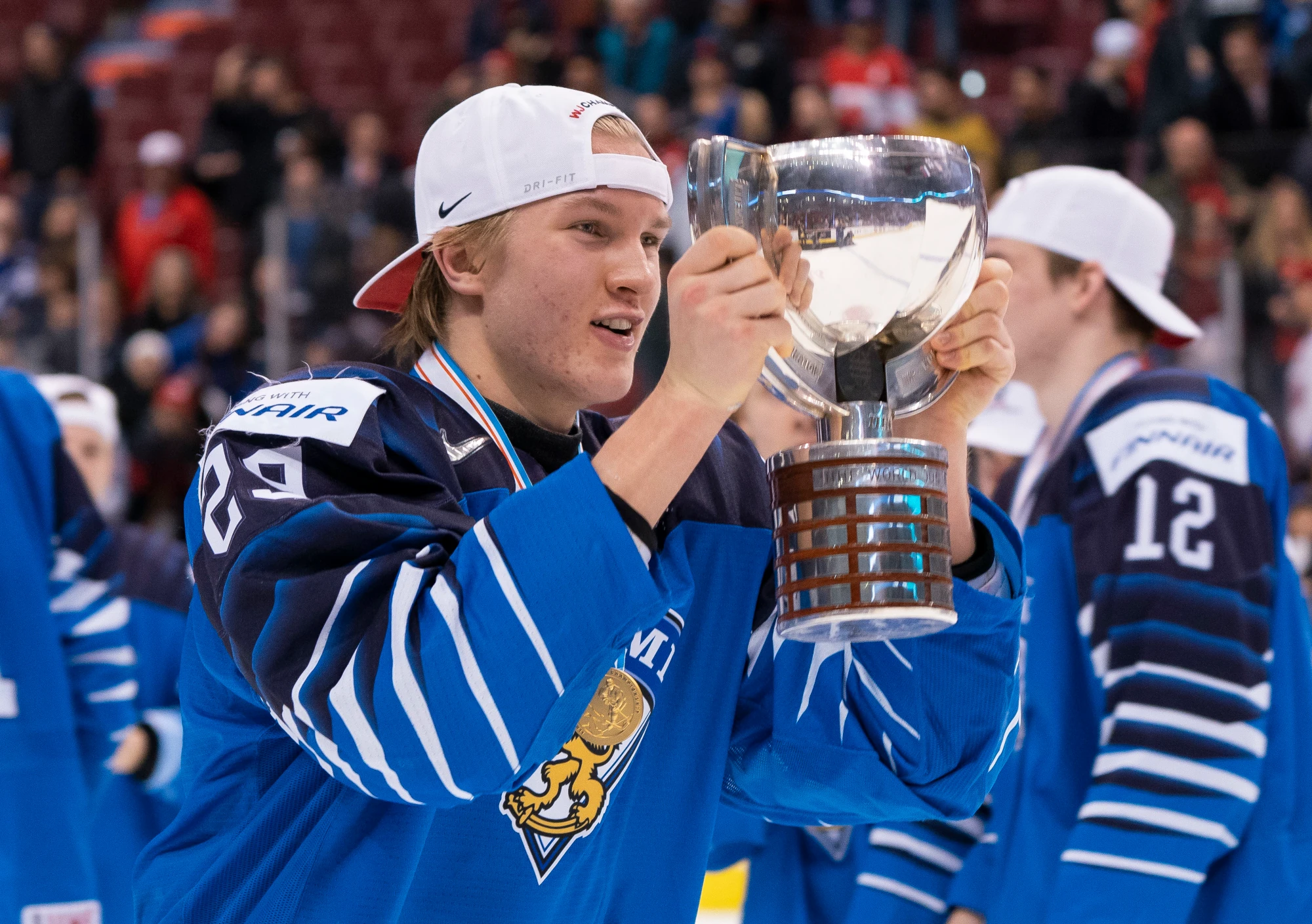 Anton Lundell of Finland holds the championship trophy after defeating the United States in the Gold Medal game of the 2019 IIHF World Junior Championship on January, 5, 2019 at Rogers Arena in Vancouver, British Columbia, Canada.