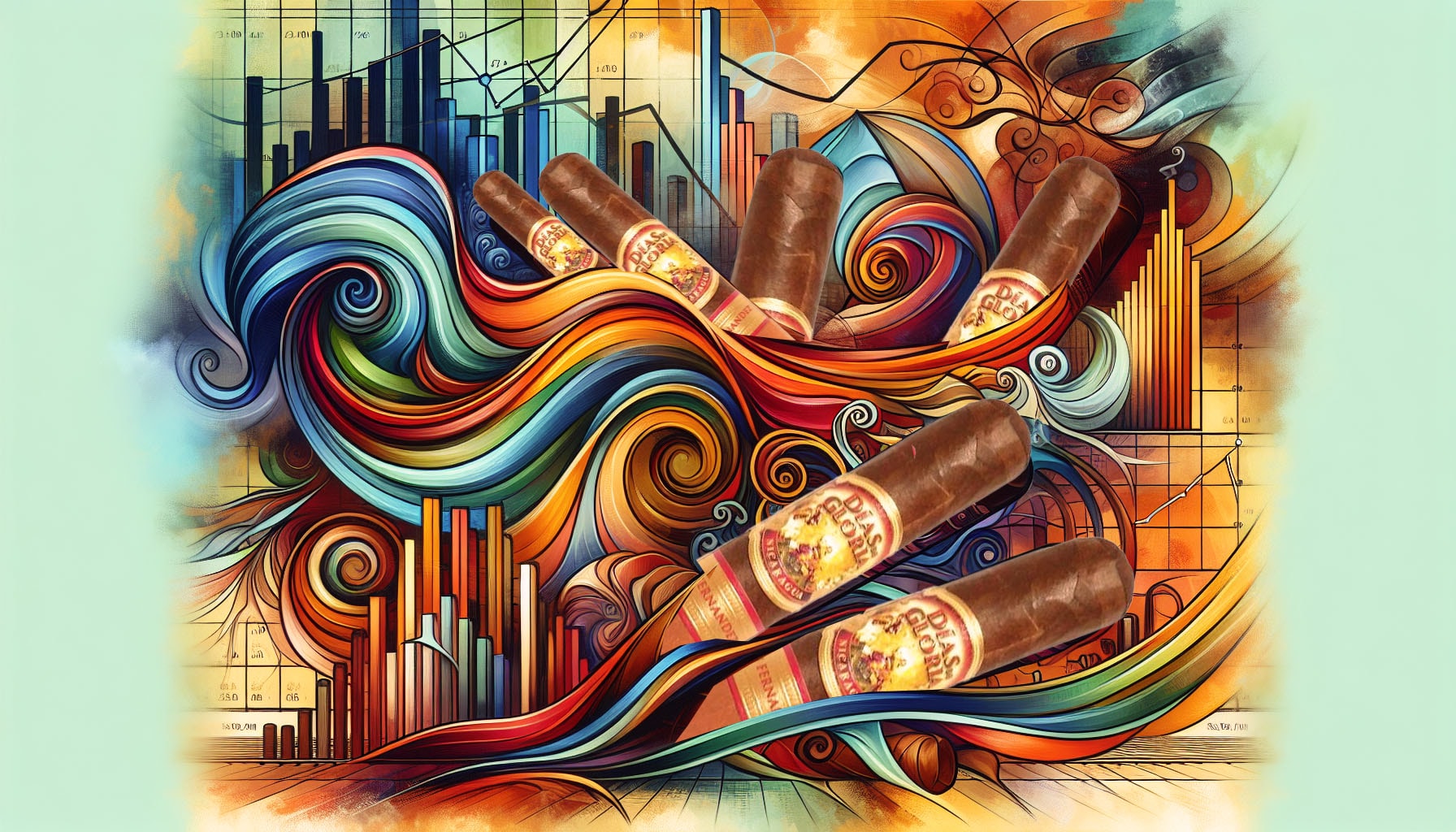 A creative representation of the market performance of Dias de Gloria cigars, incorporating graphs and cigars.