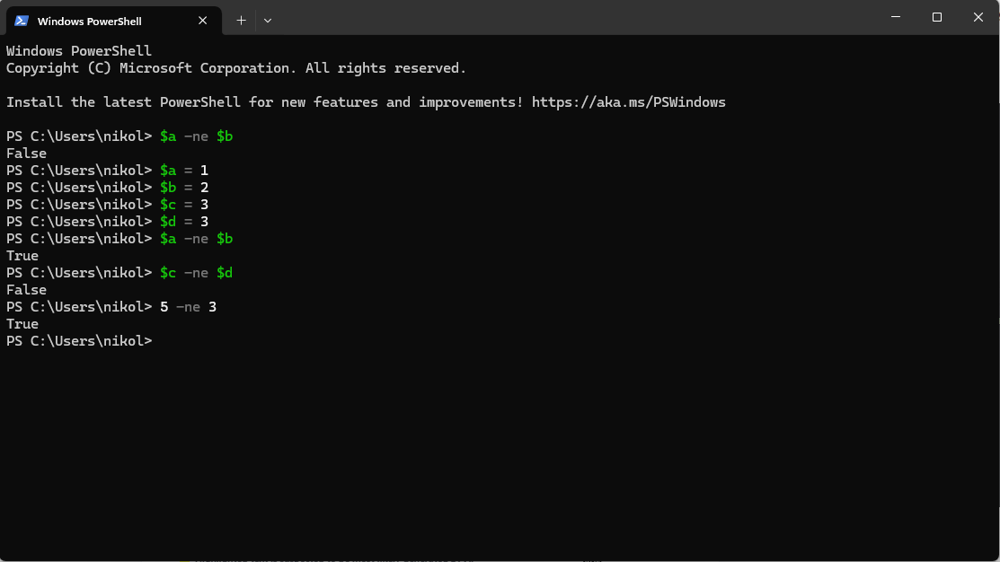 A PowerShell Command Prompt comparing "5 -ne 3"