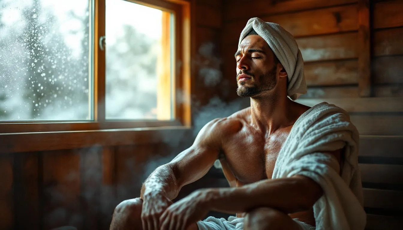 A marathon athlete sits in an infrared sauna, focusing on achieving mental clarity after an intense training session. The heat exposure enhances recovery by improving blood flow, aiding muscle relaxation, and reducing muscle soreness, making it an effective tool for post-exercise recovery.