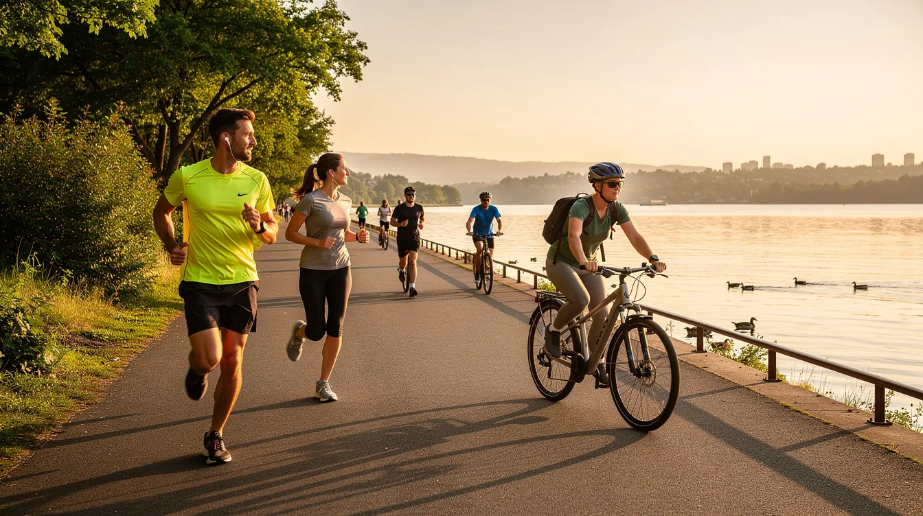 The image depicts cyclists and joggers enjoying a paved waterfront path beside Lake Ontario, with the vibrant atmosphere of the city in the background. This scenic route along the waterfront trail offers a perfect blend of outdoor activity and stunning views, showcasing the beauty of the area.