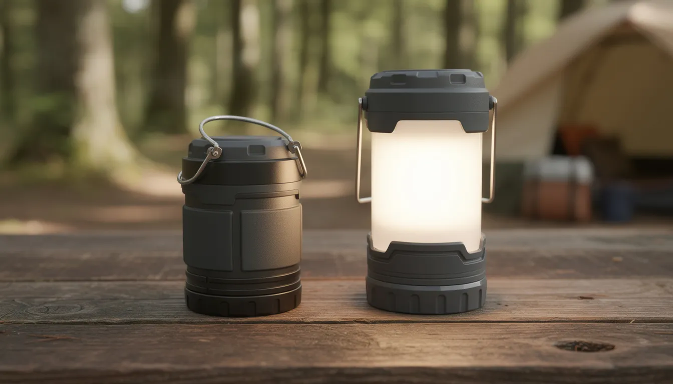 The image depicts a compact pop-up lantern displayed in both its collapsed and expanded forms on a wooden camping table, showcasing its portability and versatility for camping or power outages. The lantern emits bright light, making it an essential device for navigating darkness during outdoor activities or emergencies.