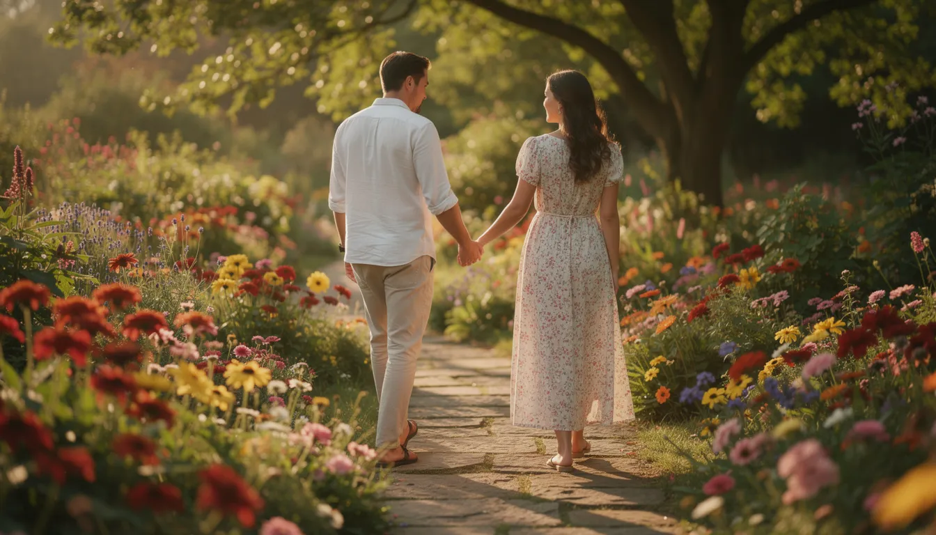 A couple is joyfully holding hands while strolling through a vibrant garden filled with colorful flowers, embodying the essence of love and affection perfect for a Valentine's Day card. Their smiles reflect the joy and connection that comes from true love and shared moments in nature.