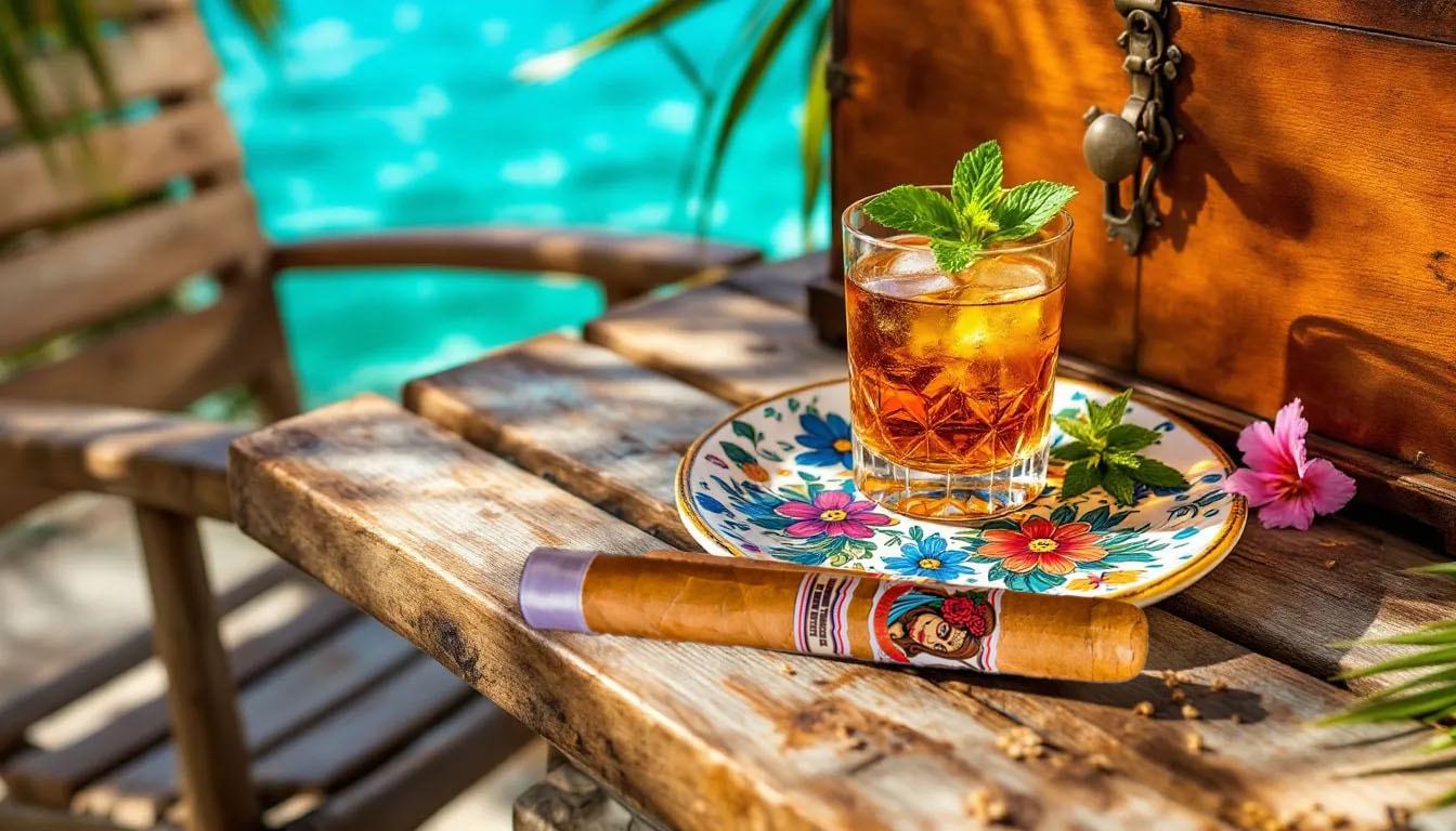 A Deadwood Dominicana Toro cigar being enjoyed with a drink.