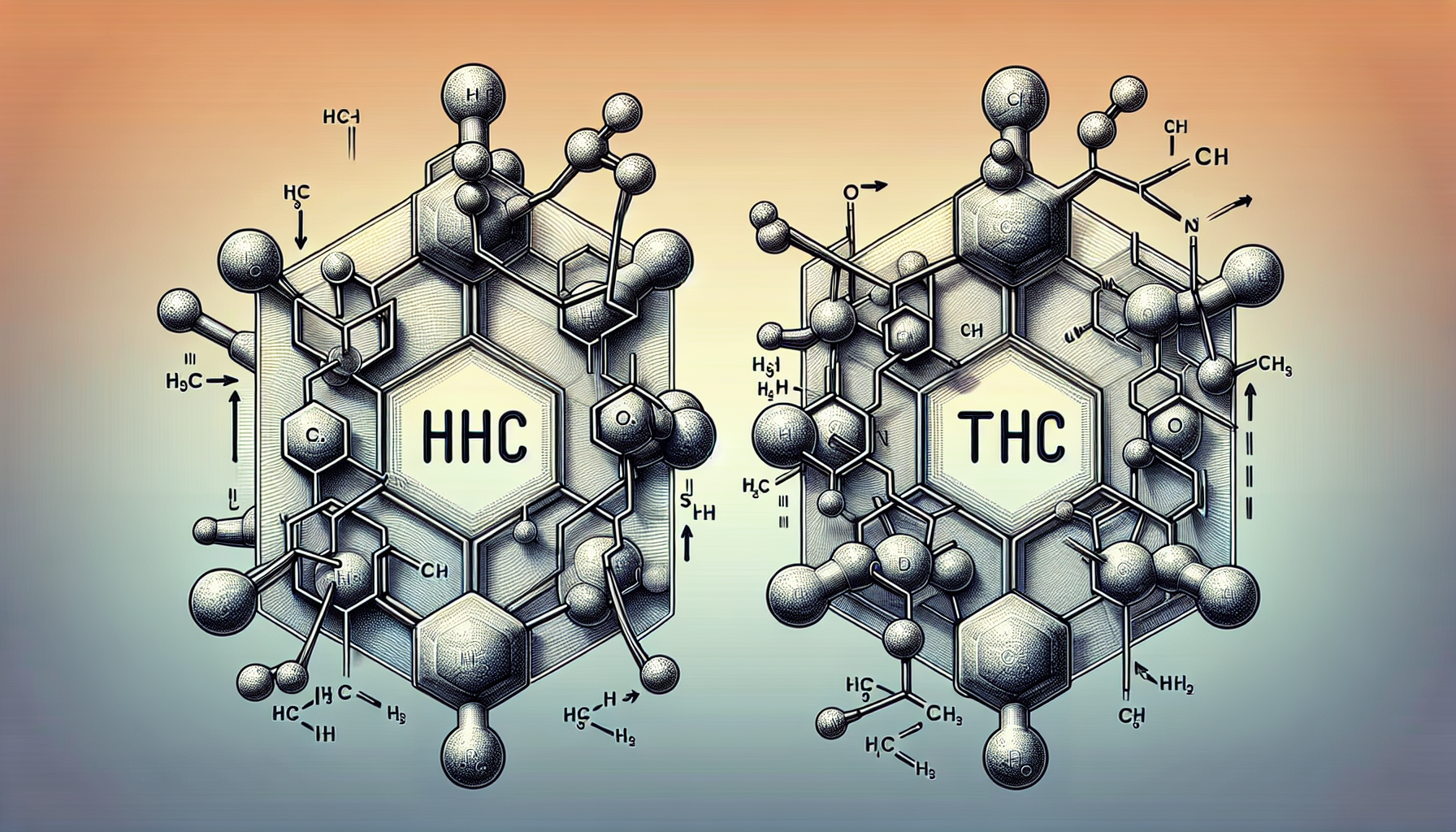 Chemische Struktur von HHC und THC, die Unterschiede zwischen den beiden Substanzen zeigt.